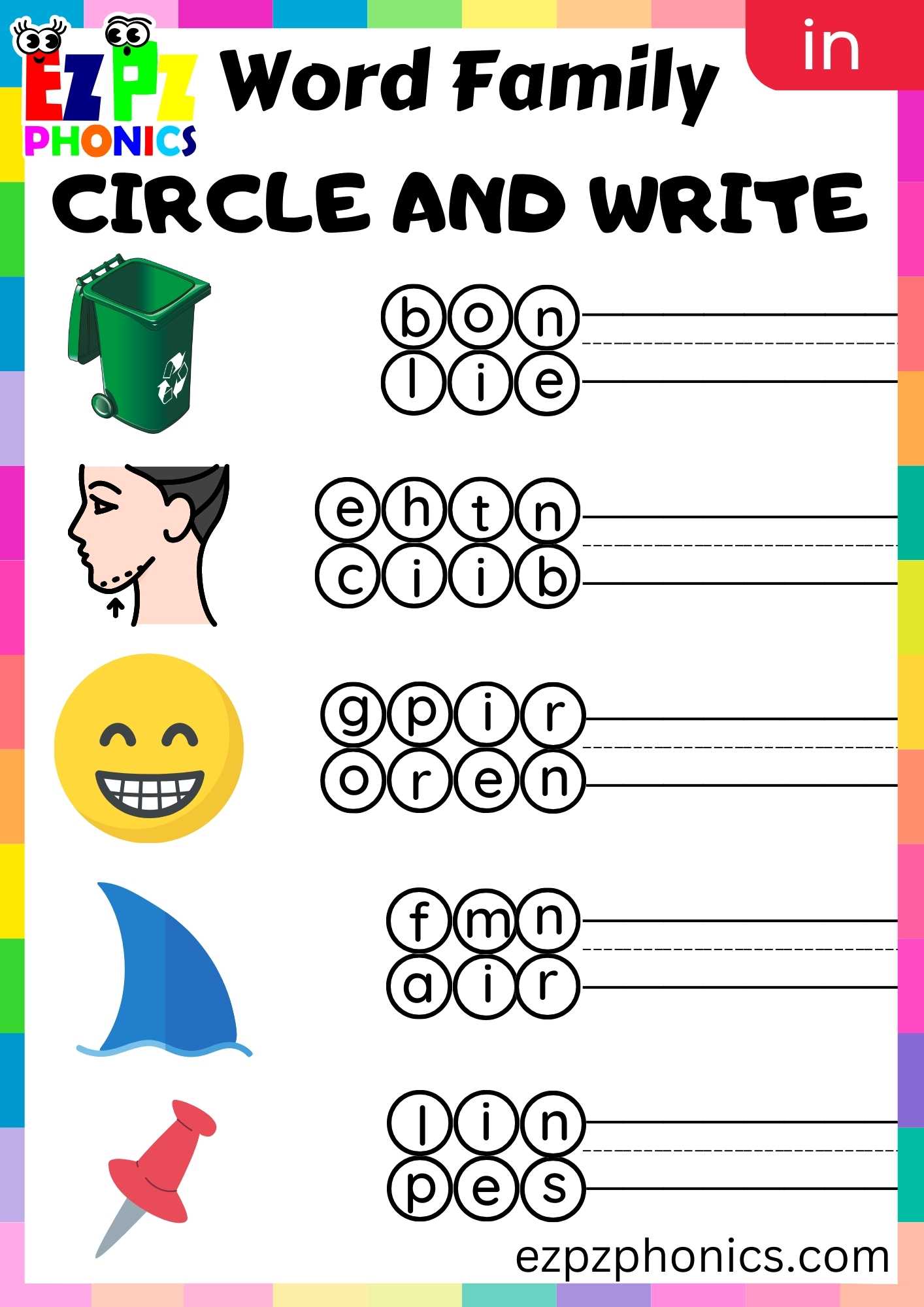 IN Words Circle And Write Phonics Word Families Worksheet